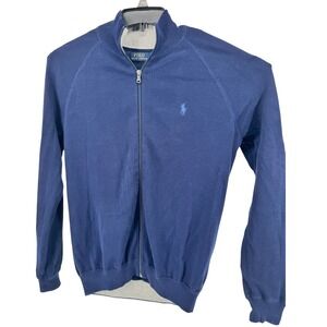 Polo Ralph Lauren Full Zip Sweater Mens Medium Blue Cotton Mock Neck Logo Spot